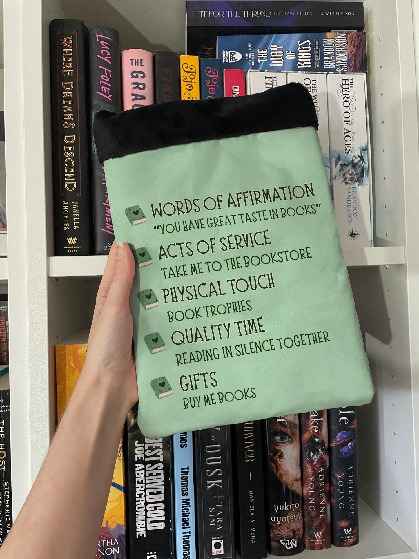 My Love Language Is Books (Green) – Handmade Book Sleeve | Cute Bookish Gift for Readers, Romance & Fantasy Lovers | Protective Book Pouch for Paperbacks & Hardcovers
